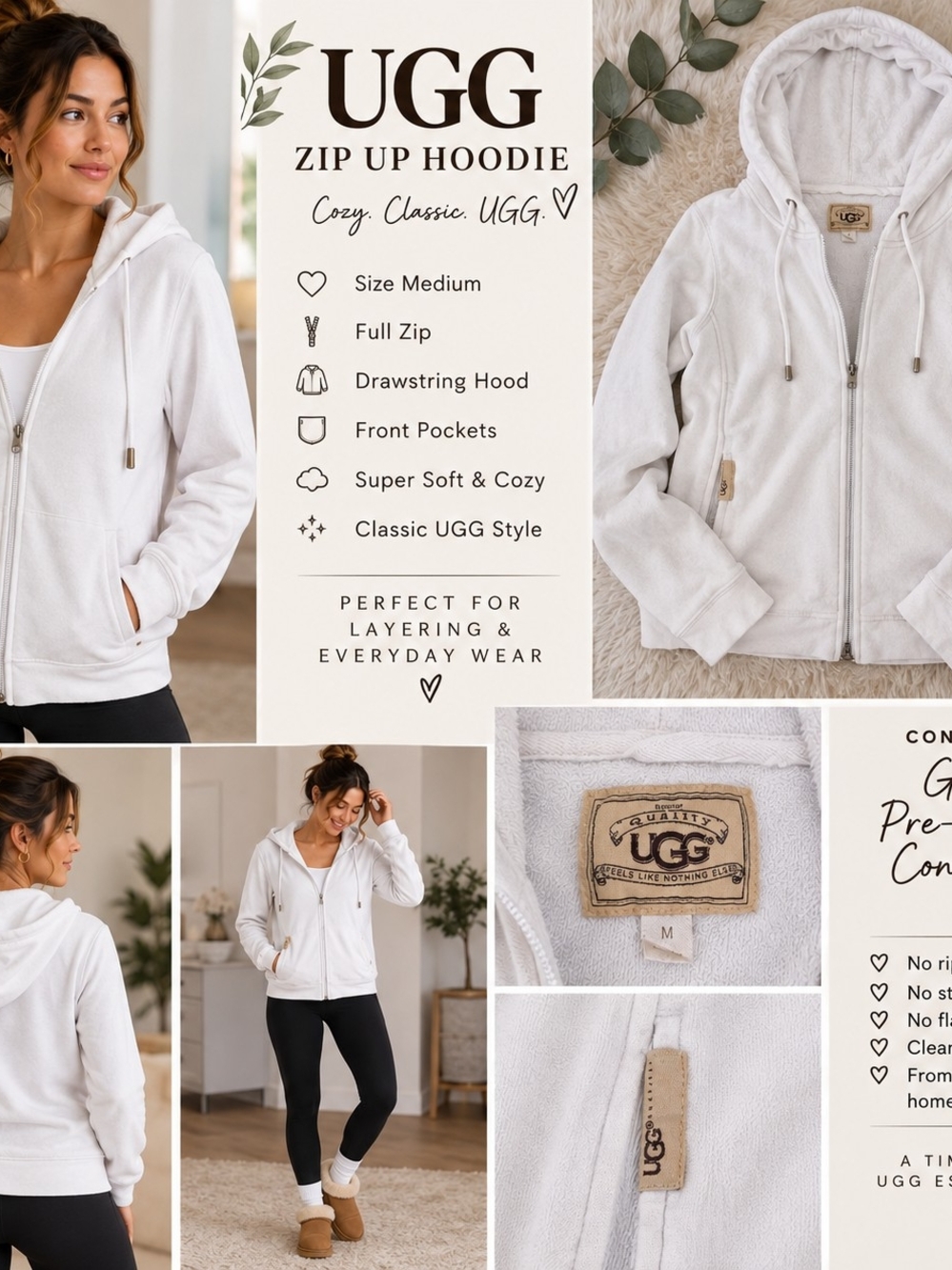 🤍 UGG White Full Zip Hoodie | Women's Medium 🤍